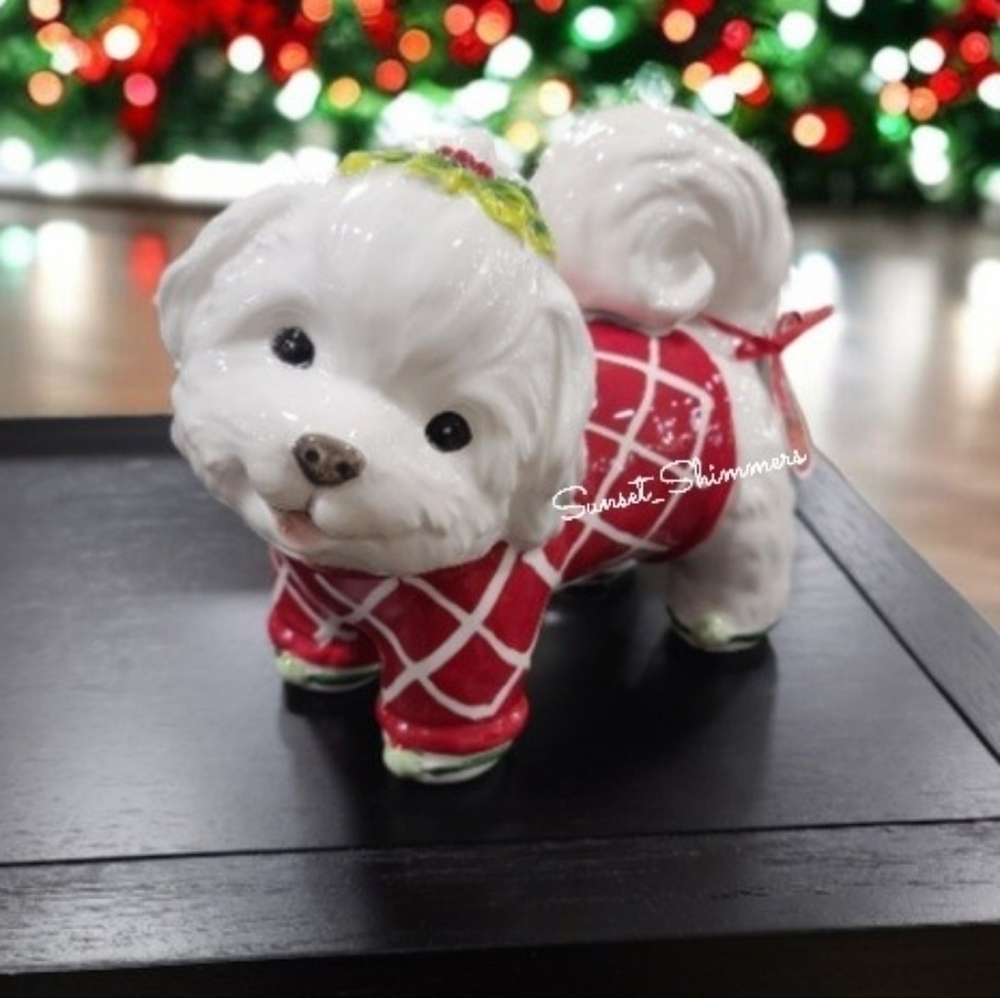 BLUE Sky Clayworks Maltese Christmas Puppy Dog Figurine By Heather Goldminc NEW